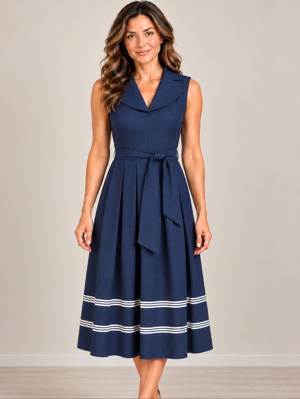 Jones New York Signature Petite Navy Belted Midi Dress 2P A324